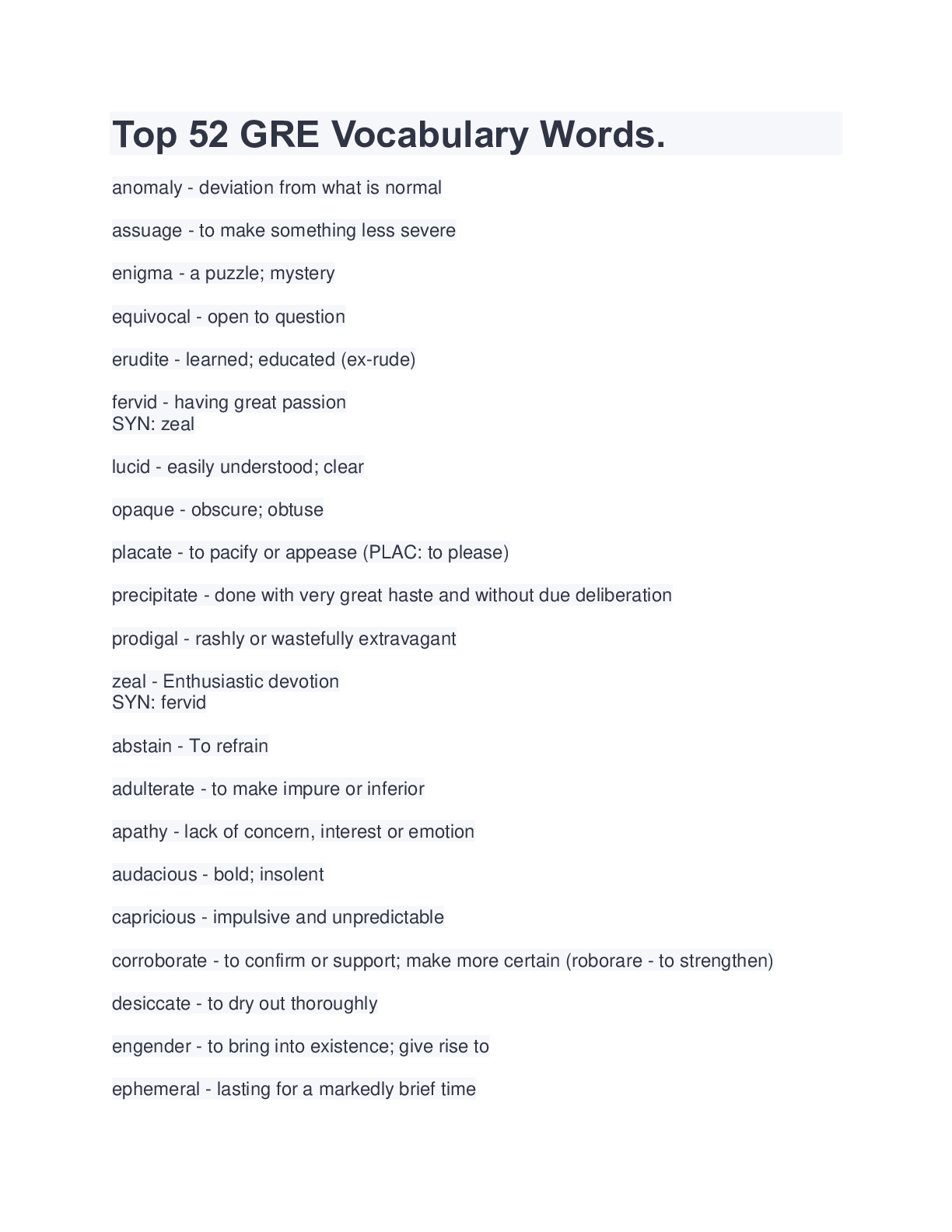 Top 52 GRE Vocabulary Words Browsegrades